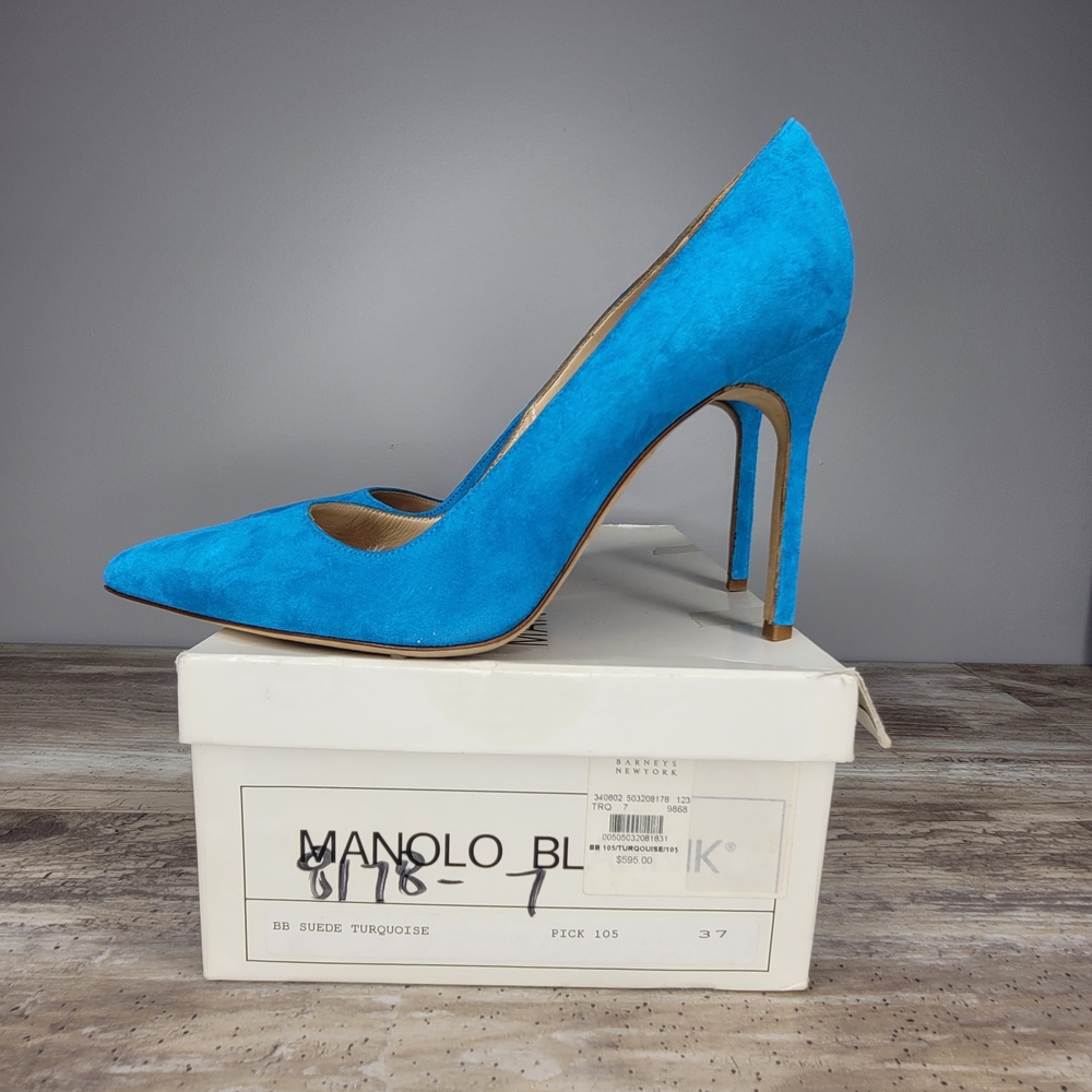 Manolo Blahnik Turquoise Suede Heels - Picture 3 of 9